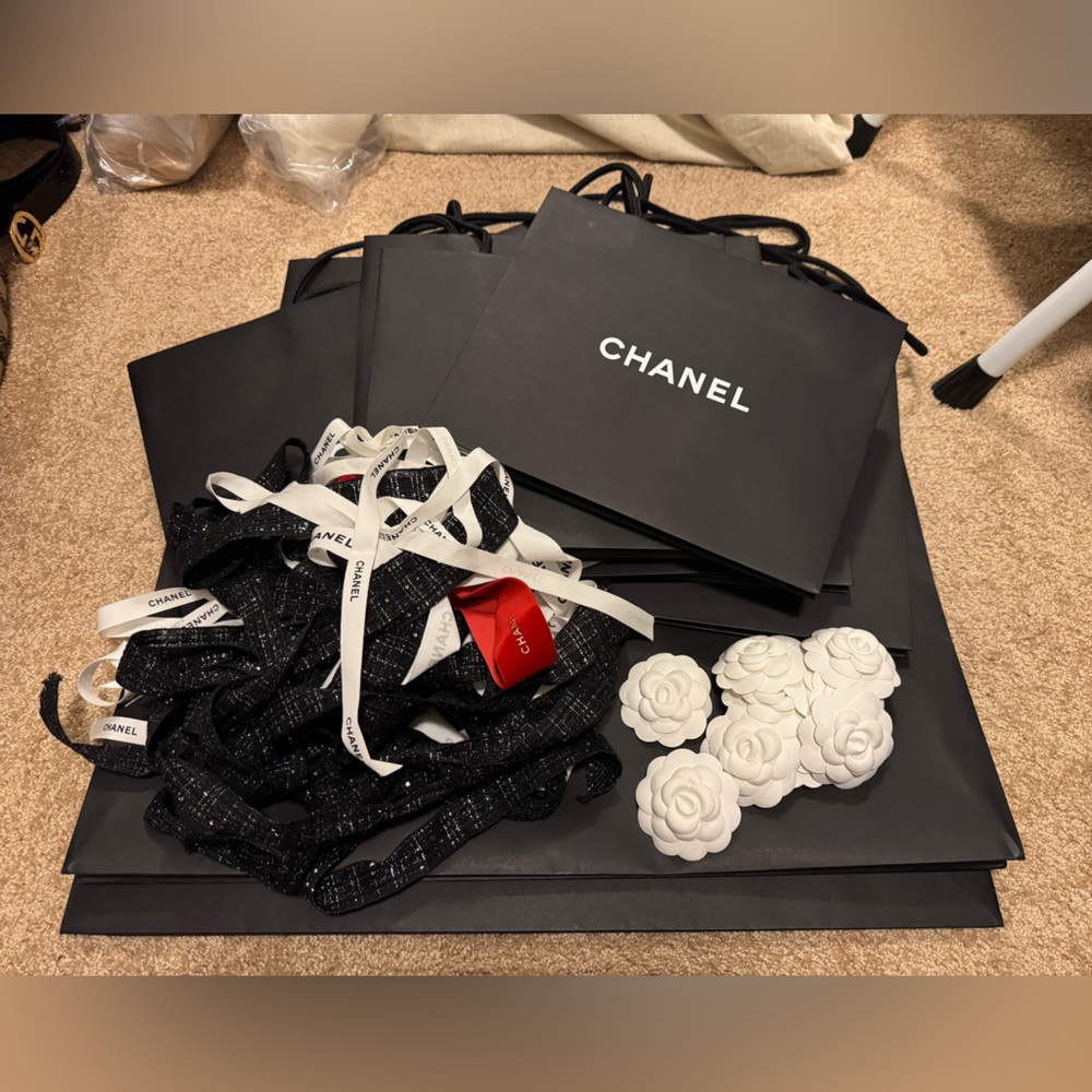 Chanel shopping bags, ribbon & camellia